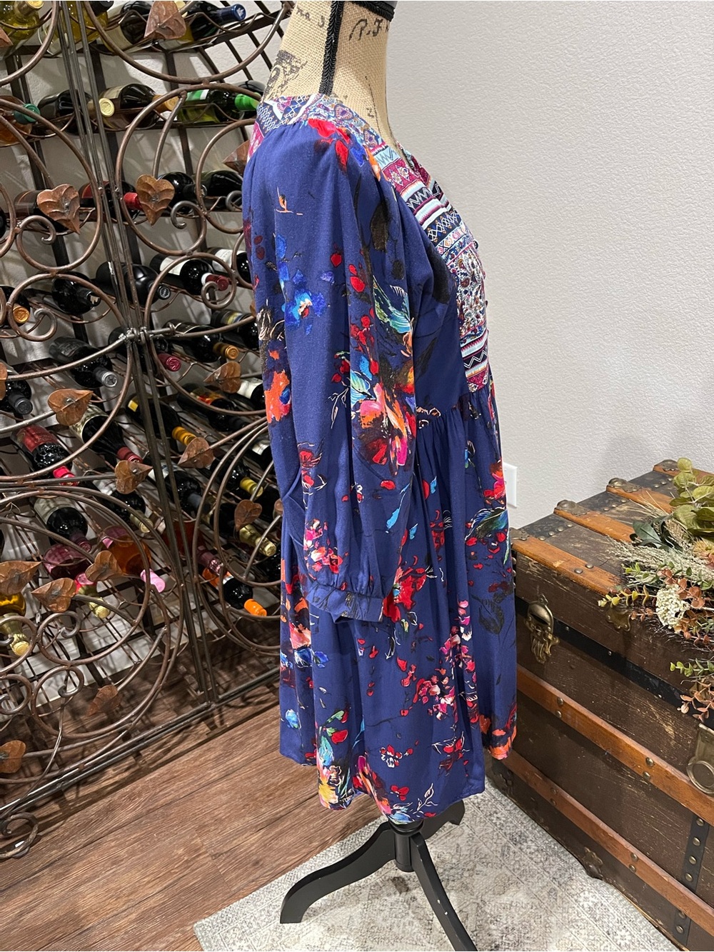 Umgee Boho Floral V-Neck Smocked Waist Dress in Navy - Picture 4 of 9